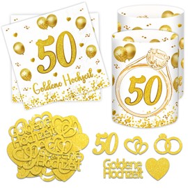 Pack of 20 Napkins Golden Wedding + 12 Lantern Table Decoration + 60 Glitter Confetti, 50 Wedding Anniversary Decoration, Gifts Golden Wedding Parents, Decoration Gold Wedding Table