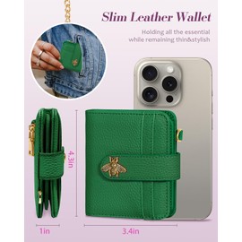 Bistup Wallet for Women Cute Small Card Wallet Genuine Leather Rfid with Keychain for Ladies Teen Girls Female Girly Aesthetic Green Designer Unique Kawaii Pretty Modern Bifold Credit Card Holder