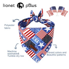 Lionet Paws Summer 2pcs Dog Bandanas, 4th of July USA Dog Scarf Bib Premium Fabric, Happy American Flag Blue Bandanas for Medium Large Dogs Pets