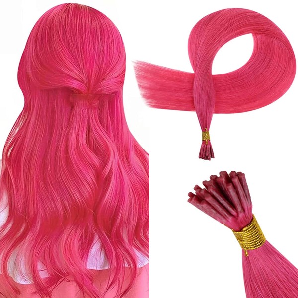 RUNATURE Hot Pink I Tip Human Hair Extensions for Women 18 Inch Pink Human Hair Stick Tips Hair Extensions Colored Cold Fusion I-Tipped Hair Extensions Hot Pink Real Human Hair 25g