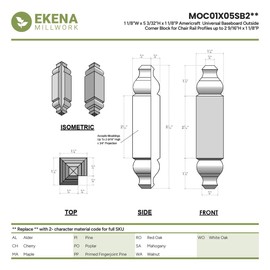 1 1/8"W x 5 3/32"H x 1 1/8"P Americraft Solid Hardwood Stain Grade Universal Baseboard Outside Corner Block for Chair Rail Profiles up to 2 9/16"H x 1 1/8"P, Alder