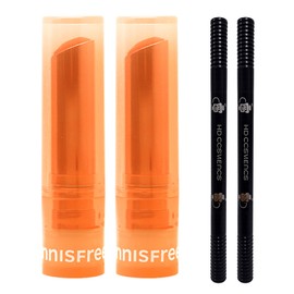 Innisfree Dewy Tint Lip Balm No. 2 Melon Coral 2pcs + Eyebrow Dark Brown 2pcs / 이니스프리 듀이 틴트 립밤 2호 멜론 코랄 2개+아이브로우 흑갈색 2개