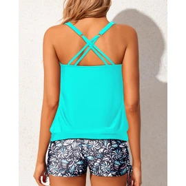 Yonique Blouson - Traje de baño tankini para mujer con pantalones cortos, traje de baño de dos piezas, Azul Aqua, 22 Plus