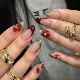 Red Flower French Tip Press on Nails 3D Gold Stripe Design Fake Nails for Women Medium Almond Acrylic Glue on Nail Glossy Artificial False Nail