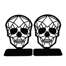 POHOVE 2pcs Metal Bookends Black Book Ends, Heavy-Duty Bookends, Bookends for Shelves, Nonskid Bookend Supports for Heavy Books,Black Skull Design Bookend Decorative Desktop Organizer