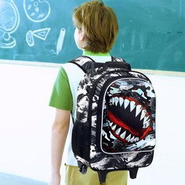 FTJCF 3PCS Shark Rolling Backpack for Boys, Roller School Backpack with Wheels, Kids Wheeled Bookbag for Elementary Preschool Kindergarten(Black)