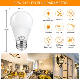 MorningLight Dimmable A15 LED Light Bulb 75 Watt Equivalent, 3000K Soft White, 800LM, 8.5W A15 Light Bulbs 75 Watt Soft White for Wall Sconces, Pendant, 25000+ Hours Lifespan, 8Pack