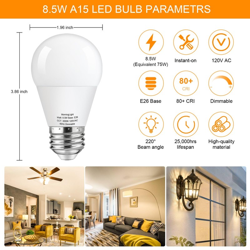 MorningLight Dimmable A15 LED Light Bulb 75 Watt Equivalent, 3000K