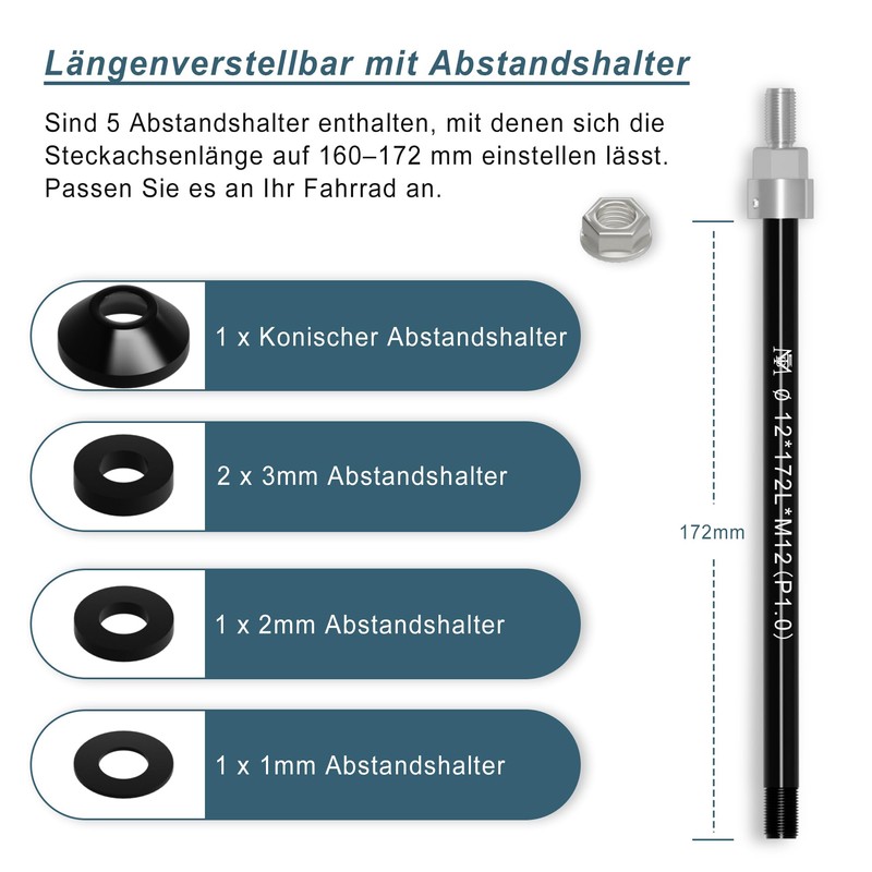 EMTB Thru Axle M12 x 1.0-160-172 mm, Thru Axle with