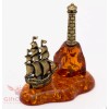 Solid Brass Amber Figurine Caravel Frigate Ship and light house