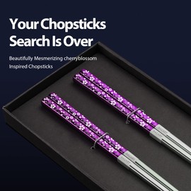 Hagary Cherry Blossom Rainbow Chopsticks Metal Chopsticks Reusable Designed In Korea Japanese Style Stainless Steel 316 18/10 Non-Slip Dishwasher Safe (Purple - 2 pairs)
