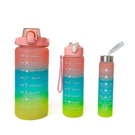 MAFEE 3 in 1 Motivational Water Bottles with Straw - Time Marker, Large Drinking Bottle Leakproof 2L/900ml/300ml Water Jugs for Sports Gym Travel BPA Free (Peach)