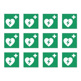 Automated External Defibrillator (AED), Rescue Sign: E010 - DIN EN ISO 7010 / ASR A1.3 - Stickers: 2.5 cm, Pack of 12