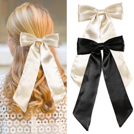 AOREAS 2Pcs Hair Bows for Women Soft Silky Stain Apricot Bow Hair Clips with Long Tail,Black Bow Alligator Hair Ribbon Accessories Party Wedding Prom Daily Wearing