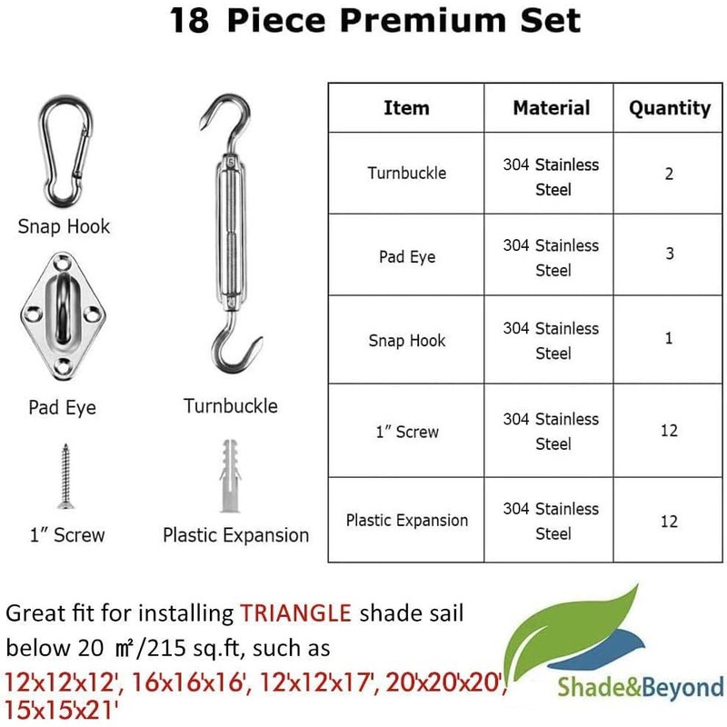 Shade&Beyond 304 Marine Grade Shade Sail Hardware Kit 5 inch