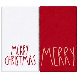 JarThenaAMCS 2 Pack Merry Christmas Hand Towel Cotton Embroidered Red White Bathroom Towel Xmas Winter Dish Towel for Hand Drying Cleaning Cooking, 29.5 x 13.7 Inch
