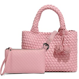 OUYGZOU Woven Tote Bag for Women with Coin Purse, Foldable Chain Small Crossbody Handbags, Fashion Shoulder Bag, Hobo Satchel (Soft Mist Powder)