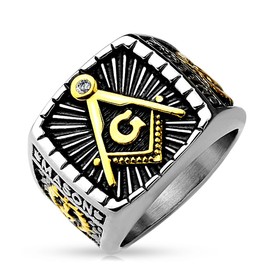 Autiga Masonic Ring Men's Stainless Steel Templar Knight Ring Masonic Signet Ring Symbol G Angle and Compass, Stainless Steel