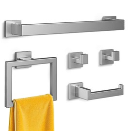 Kitsure Towel Racks for Bathroom - 5-Pieces Bathroom Hardware Set & Accessories, Rustproof Toilet Paper Holder, Towel Holder, Ring, Bar for Bathroom Wall Mounted, Silver, 16" x 2"