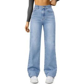 FUNUCA Straight Leg Jeans for Women,High Waisted Wide Leg Loose Microelastic Boyfried Denim Pants A-Blue