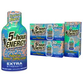 5-hour ENERGY Shots Extra Strength, Tropical Burst Flavor, 30 Count, 1.93 Fl Oz, Sugar Free, Zero Calories, Amino Acids and Essential B Vitamins, Dietary Supplement, Feel Alert and Energized, 230 mg Caffeine