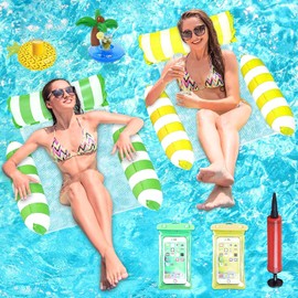2 Pack Inflatable Pool Float Hammock for Adult Kids, 4-in-1 Water Hammock Lounges Multi Purpose Swimming Pool Float (Saddle, Lounge Chair, Hammock, Drifter)Pool Accessories for Water Fun(Green/Yellow)
