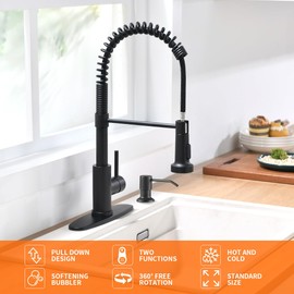 OWOFAN Kitchen Sink Faucet with Soap Dispenser Kitchen Faucet with Pull Down Sprayer Stainless Steel Single Handle High Arc Pull Out Black Faucet for Bar Laundry RV Utility Sink
