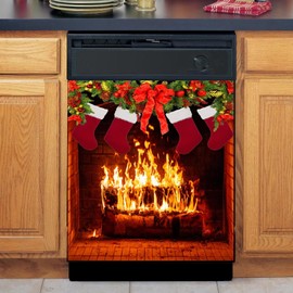 Winter Fireplace Xmas Stockings Pine Tree Kitchen Decor Dishwasher Magnet Cover,23Wx26H Inches Magnetic Sticker Refrigerator Magnetic Door Cover Vinyl Decal,Home Appliance Magnet Decal Sheet