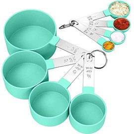 Set de tazas medidoras de acero inoxidable Cucharas medidoras Herramientas de repostería Mango de acero inoxidable (verde con caja de colores) [4 tazas medidoras 4 cucharas de repostería