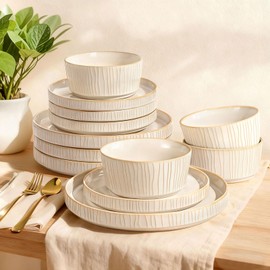 Feastly Stoneware Dinnerware Sets for 4, 12 Pcs Ribbed Reactive Glaze Ceramic Plates and Bowls Sets, Chip Resistant, Microwave Dishwasher Safe Dish Set, Housewarming Gifts, Cappuccino White