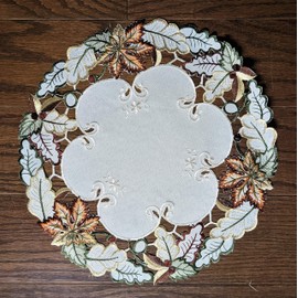 Doily Boutique Round Doily or Placemat with Fall Maple Leaves Embroidered on Ivory Burlap Linen Style Material Size 15 inches