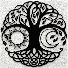 LZAOA Black Metal Tree of Life Wall Decor, Metal Wall Art of Tree of Life, Sun Moon Wall Decor Combination, Modern Home Decoration, Indoor & Outdoor Family Sign, Housewarming Gift (Black 12 inch)