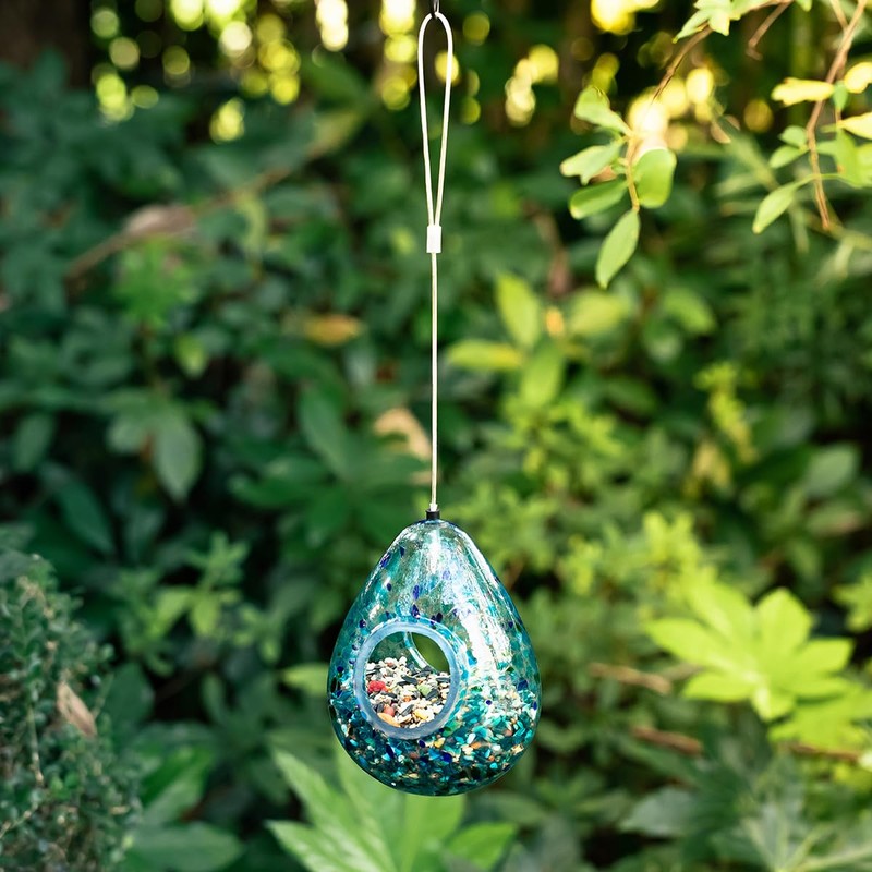Glitzhome Glass Bird Feeder for Outdoors, 6.75" H Blue Dots