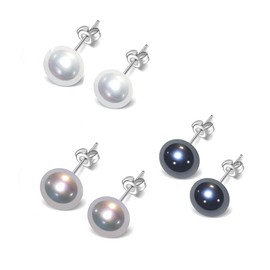 TreasureBay Women's Large Pearl Stud Earrings 8-9mm Freshwater Pearl Stud Earrings With 925 Silver (Black-White-Grey set)