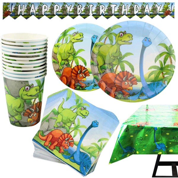 102 Piece Dinosaur Party Supplies Set Including Plates, Cups, Napkins, Tablecloth and Banner, Serves 25