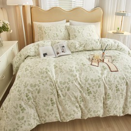 HighBuy 3 Pieces Duvet Cover Twin White Duvet Cover with Green Floral Print,Coquette Soft Cotton Comforter Cover Boho Style,Aesthetic Twin Bedding Set with Zipper Closure 4 Ties,All Season
