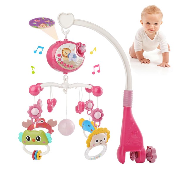 Cot Mobile for Baby, Baby Crib Mobile with Music and Projection,Mobile for Crib with Timing Function,Rotation,Hanging Mobile for Babies,Baby Crib Toys for Boys Girls, Gift for Newborn 0-12 Months,Pink