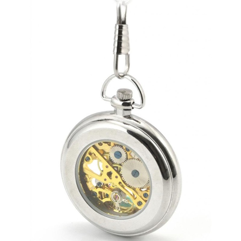 Infinite U Silver Hollow Skeleton Steel Mechanical Movement Pocket Watch