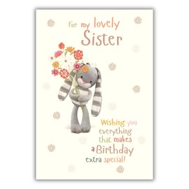 Sister Birthday Card - Lovely Sister - Bunny Rabbit and Flowers Design - Special Finishes and Illustrated Insert Leaf - Made in the UK - Eco-Friendly