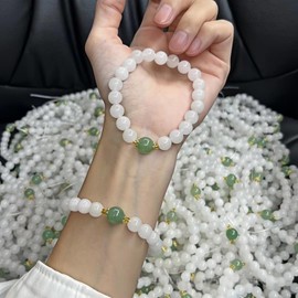 CHELYQST Beaded Bracelets for Women,Stretch Healing Crystal Bracelet Natural Stone Gemstone Jewelry Gifts,D01 White Jade&Green Aventurine