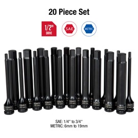 SUNEX TOOLS 2637L 20pc 1/2" Drive Impact Hex Driver Master Set 6in. ¼” to 9/32” and 6mm to 17mm, ,