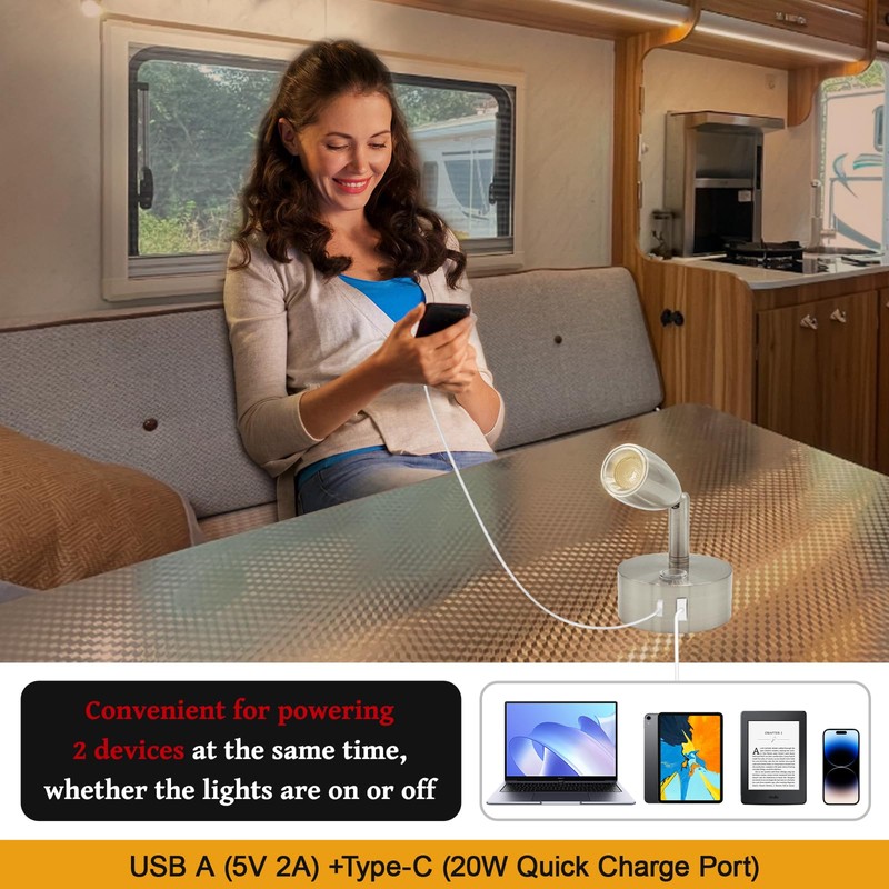 WTNYOU 12V LED Reading Light with Dual Charging Ports, Touch
