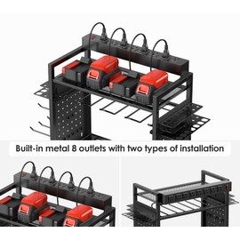 CCCEI Power Tool Organizer Cart with Charging Station, Garage Floor Rolling Storage Cart on Wheels for Mechanic, Mobile 6 Drill, Tool Box Utility Cart with Battery Charging Power Strip, Black
