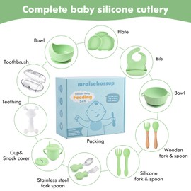 Baby Feeding Set, 15 Pcs Baby Led Weaning Silicone Tableware Set, Silicone Baby Feeding Set，Training Infants to Self-Feed Tableware After Weaning, Toddler Plate Bowl Set with Large Suction Cups（green）