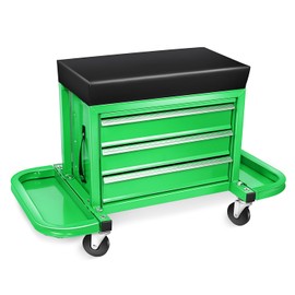 TOOLS DNA Motoring 3-Drawer Chest Rolling Mechanic Seat Trays,350lbs Max Weight Capacity, Green, TOOLS-00261-GR