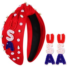 YAHPERN 4th of July Headbands for Women American Flag Headband Patriotic Red Blue White Beaded USA Headband Jeweled Crystal Pearl Knotted Headband 4th of July Hair Accessories Gifts (Red)