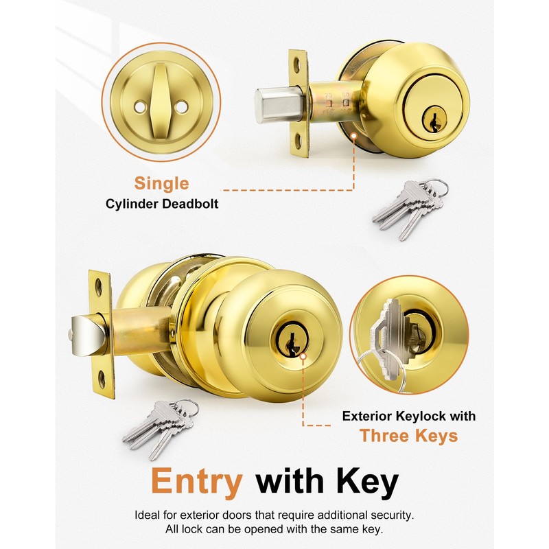 Probrico Door Knob and Single Cylinder Deadbolt Lock Set, Polished