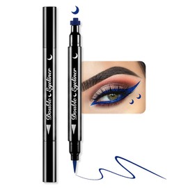 BINGBRUSH Double-head Liquid Stamp Eyeliner Pencil, Colors Flowers Heart Moon Star Shapes Face Stamps Makeup Colorful Waterproof Slim Gel Felt Tip High Pigment Liquid Eyeliner (06#Moon&Blue)