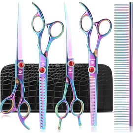 GLADOG Pro Rainbow 7 Inch Professional Pet Grooming Scissors Kit, 6-in-1 Dog Scissors, Titanium Coated, Stainless Steel, Right Handed, 5 Count
