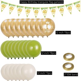 Balloons 40th Birthday Man Women Decoration, 23 Pieces Olive Green Gold Latex Balloons, Garland 40th Birthday Party Decorations Balloons for Women Men Birthday Decoration 40 Years Bunting